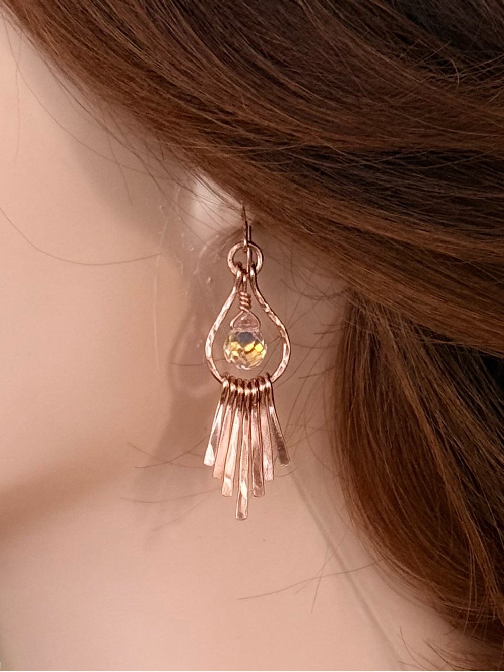 Textured Teardrop Paddle Fringe Earrings with Pink Briolette Accents